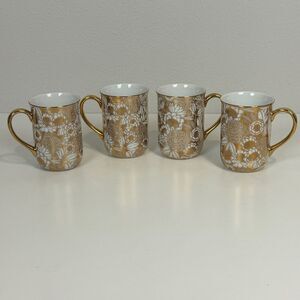 4 Ross-Simons Gold Floral Porcelain China Coffee Mugs Set